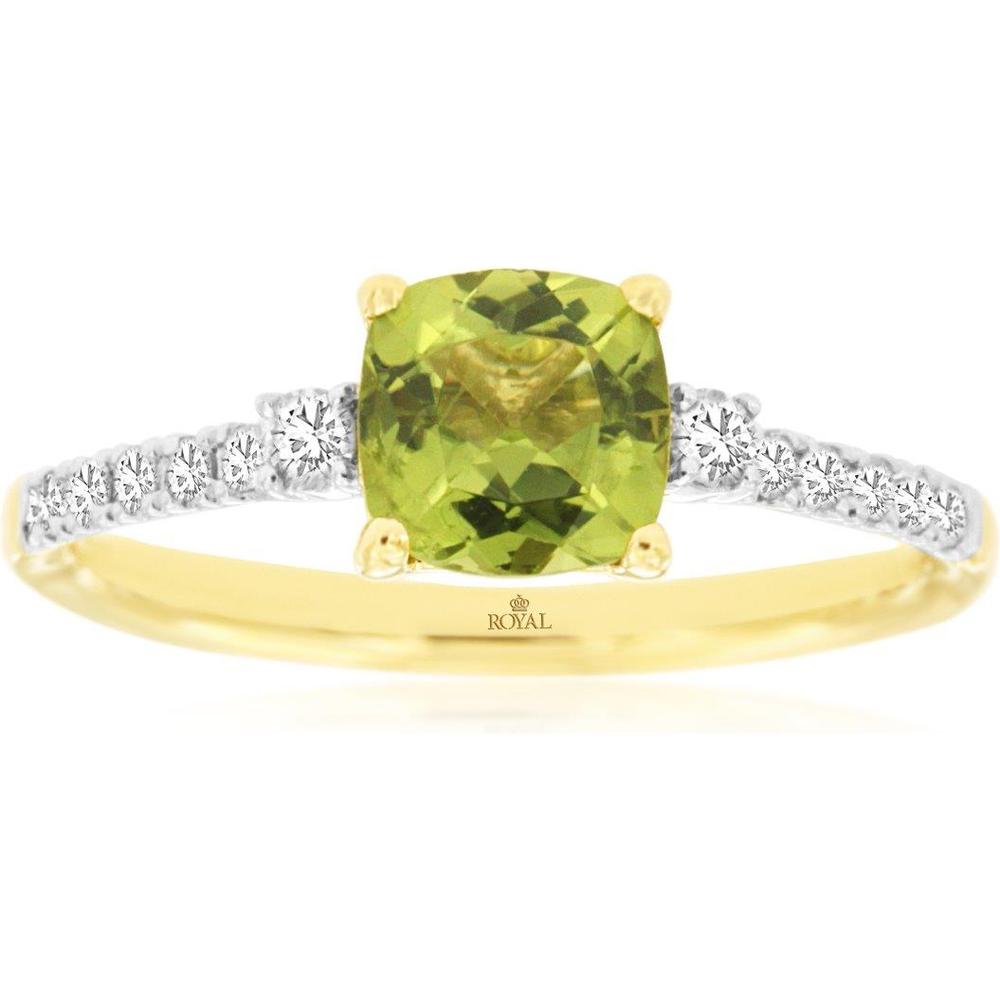 Royal 14K Yellow Gold Ring with Cushion-Cut 1.10 Carat Peridot and 0.15 Carat Diamond Accents