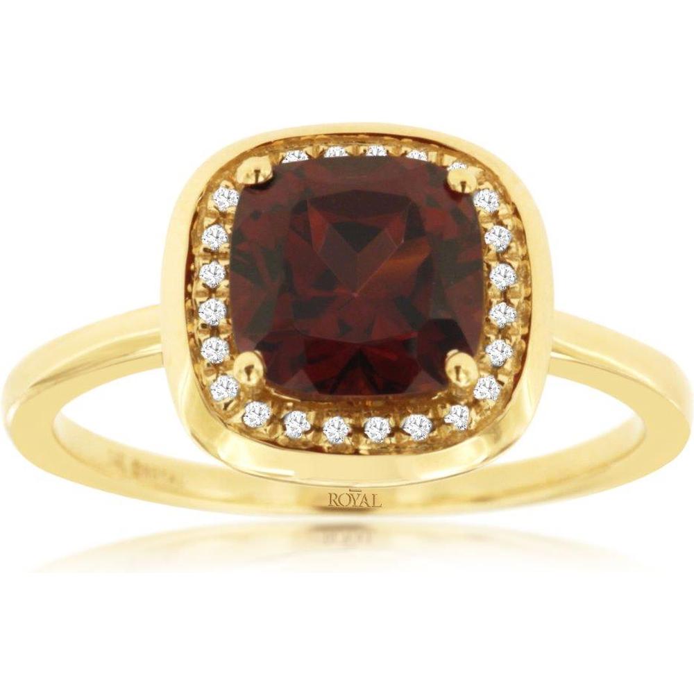 Royal 14K Yellow Gold Ring with Cushion Cut 2 Carat Garnet and Diamond Halo - 0.09 Carat Total Diamond Weight