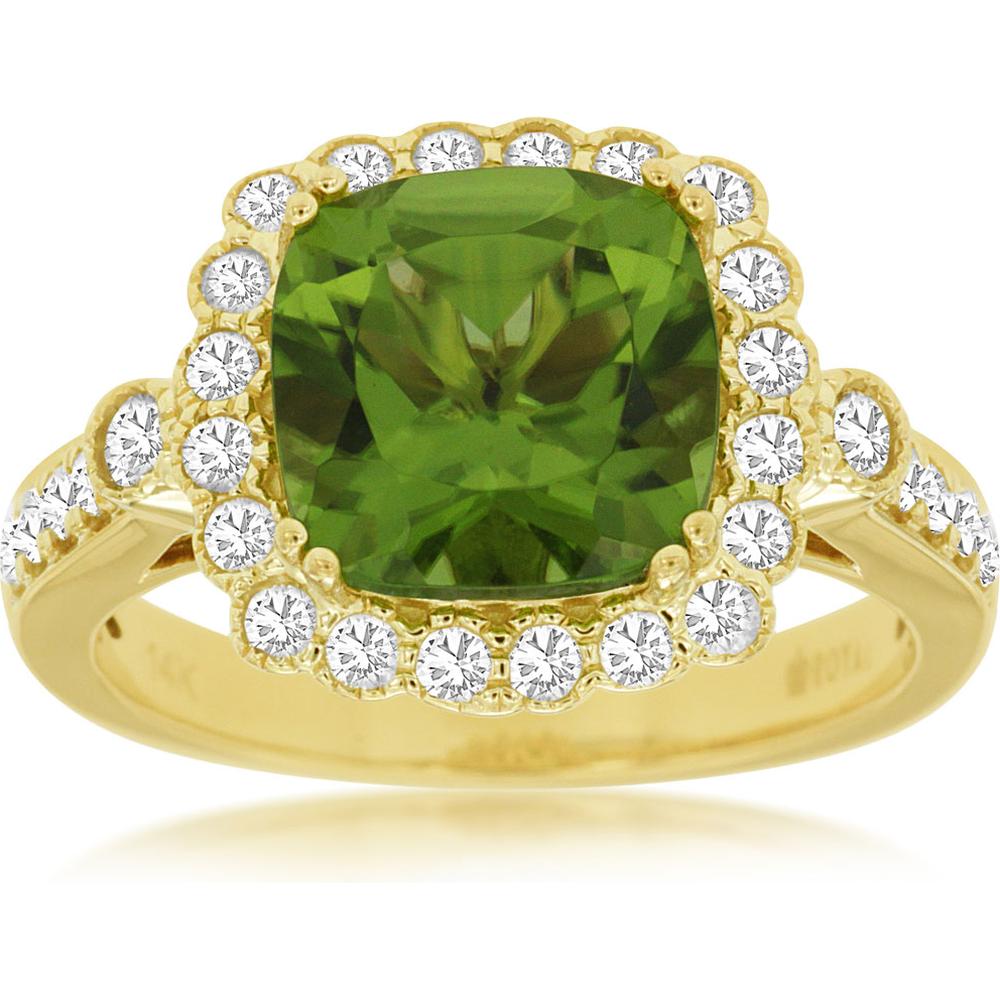 Royal 14K Yellow Gold Ring with Cushion Cut 3.10 Carats Peridot and Round Diamond Halo - 0.50 Carats Total Diamond Weight