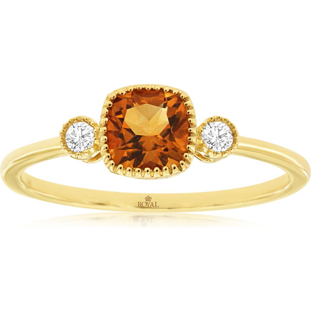 Royal 14K Yellow Gold Ring with Cushion-Cut Citrine and Round Diamonds - 0.61 Carat Total Gem Weight