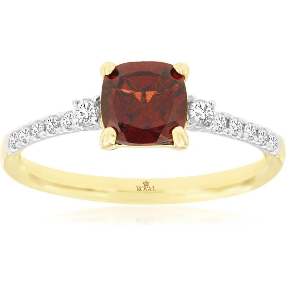 Royal 14K Yellow Gold Ring with Cushion Cut Garnet - 1.23 Carat and Round Diamonds - 0.15 Carat Total Diamond Weight