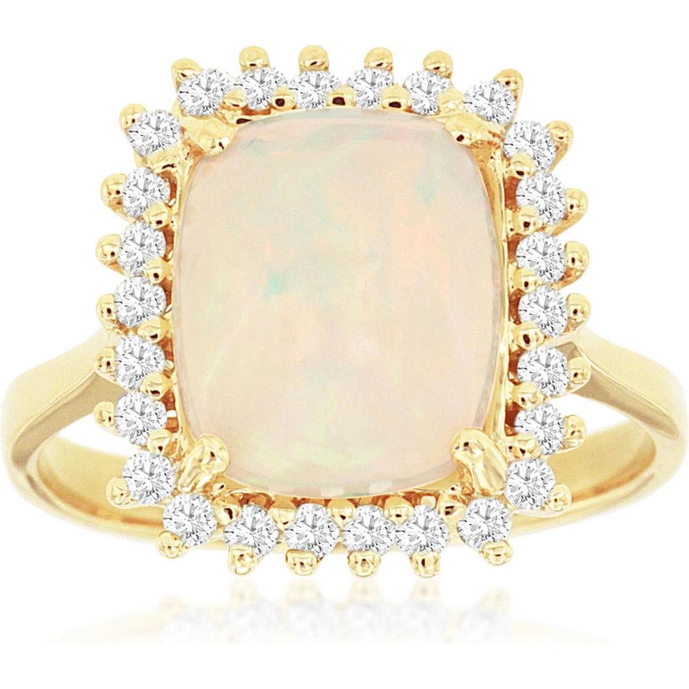 Royal 14K Yellow Gold Ring with Cushion-Cut Opal and Diamond Halo - 2.85 Carat Opal and 0.40 Carat Total Diamond Weight
