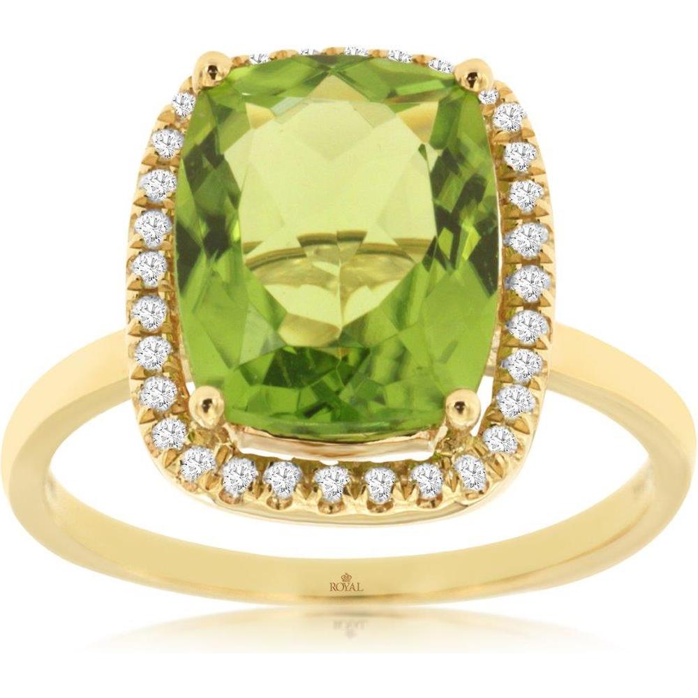 Royal 14K Yellow Gold Ring with Cushion-Cut Peridot and Diamond Halo - 4.25 Carat Peridot and 0.18 Carat Diamond Weight