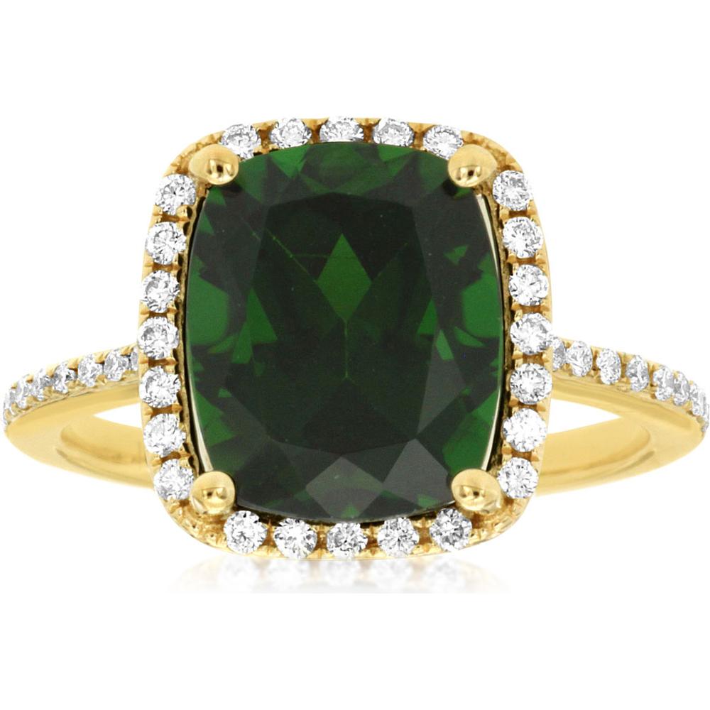 Royal 14K Yellow Gold Ring with Cushion Cut Russalite - 4.40 Carat and Halo of Diamonds - 0.30 Carat Total Diamond Weight