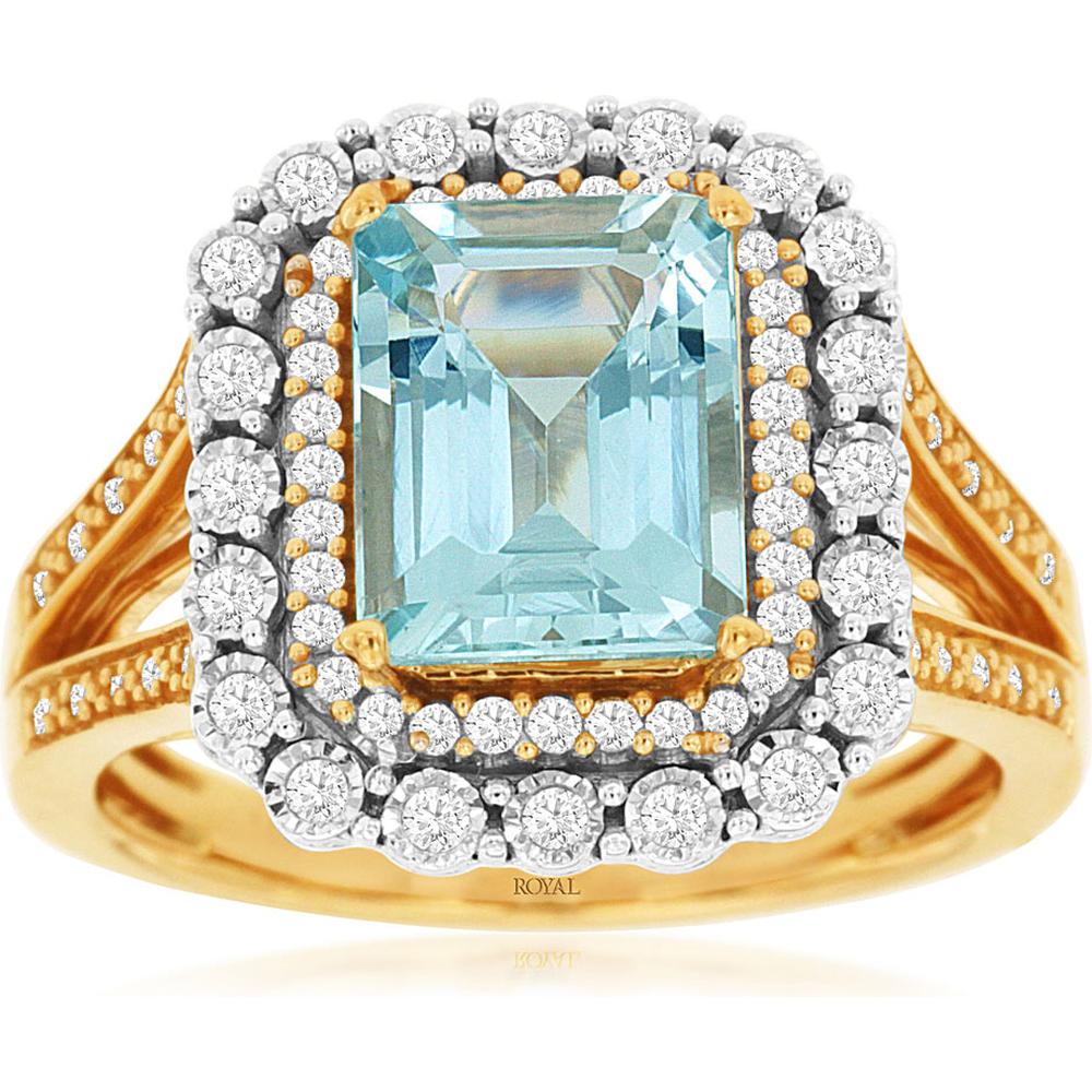 Royal 14K Yellow Gold Ring with Emerald-Cut 2.00 Carats Aquamarine and 0.33 Carats Diamond Halo