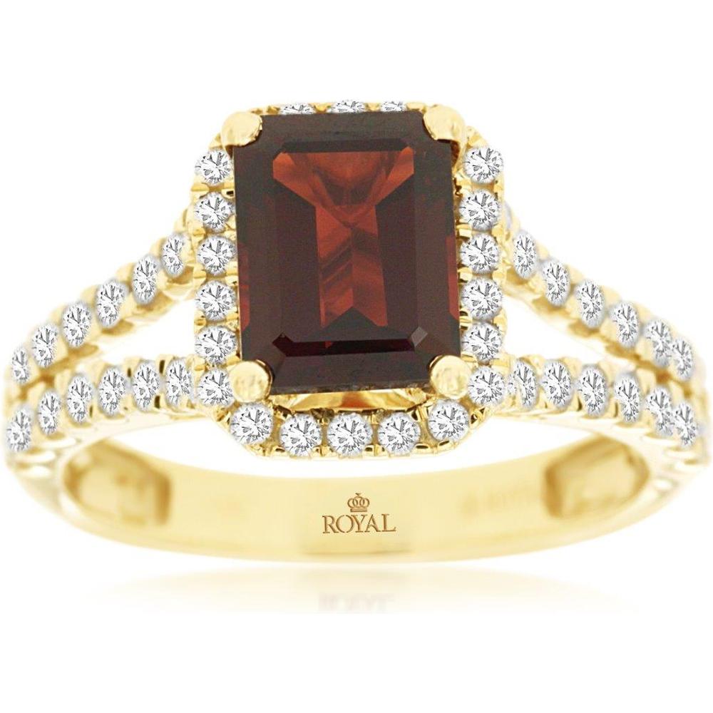 Royal 14K Yellow Gold Ring with Emerald Cut Garnet and Double Halo of Diamonds - 2.91 Carat Total Gem Weight
