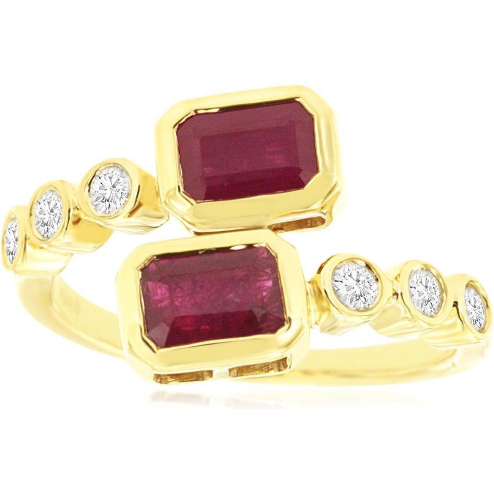 Royal 14K Yellow Gold Ring with Emerald Cut Rubies and Round Diamonds - 1.85 Carat Total Gem Weight