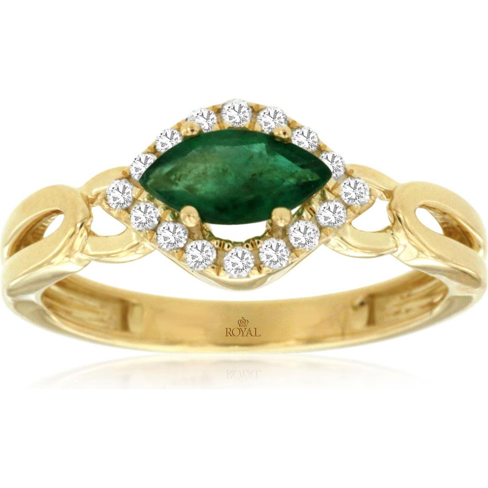 Royal 14K Yellow Gold Ring with Marquise-Cut Emerald and Diamond Halo - 0.68 Carat Total Gem Weight