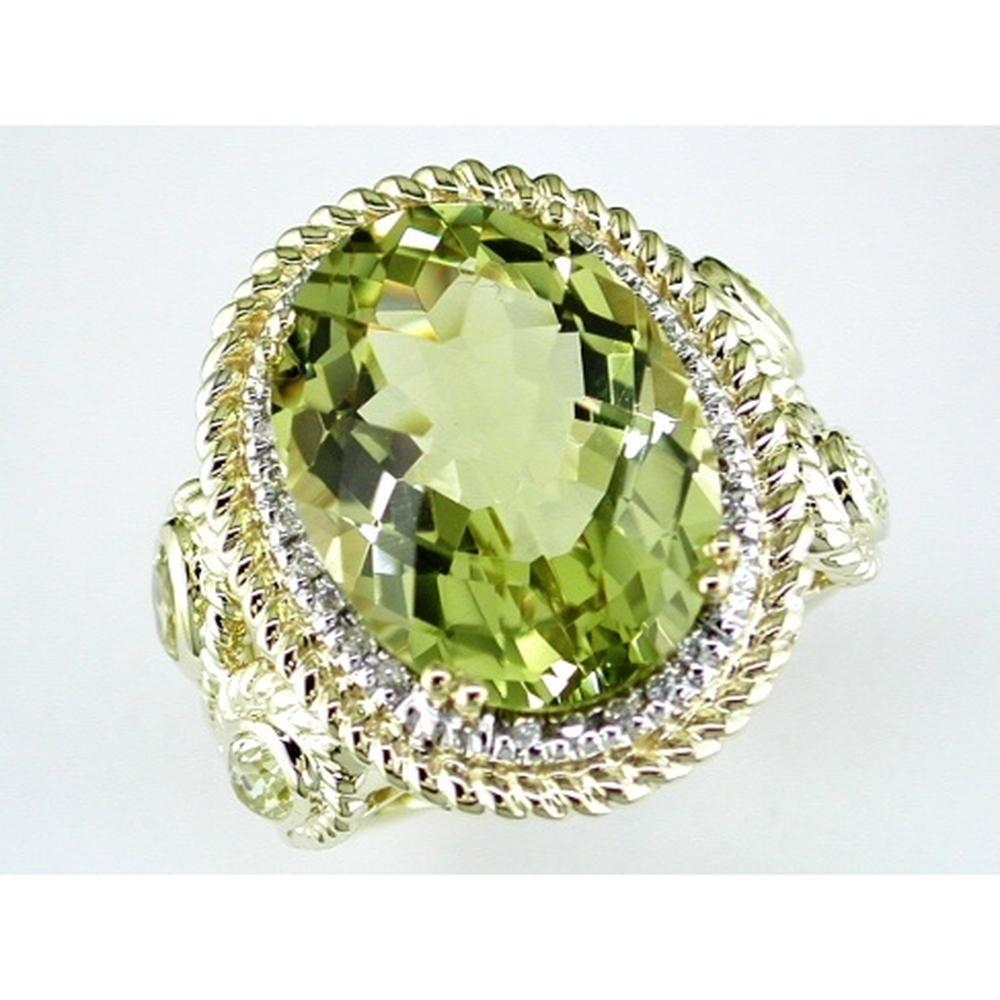 Royal 14K Yellow Gold Ring with Oval Lemon Quartz and Round Diamonds - 12.12 Carats Total Gem Weight