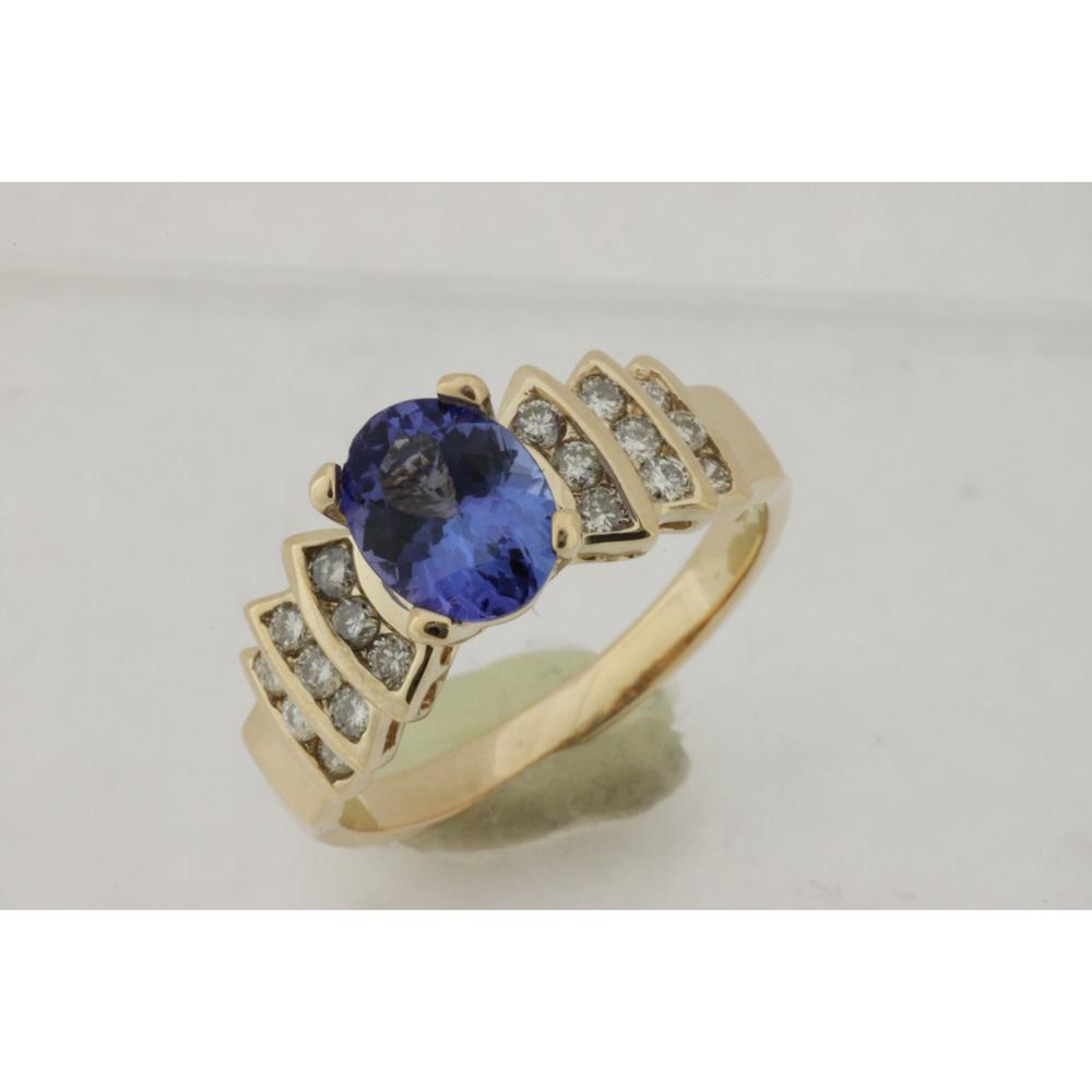 Royal 14K Yellow Gold Ring with Oval Tanzanite - 1.30 Carat and Round Diamonds - 0.42 Carat Total Diamond Weight