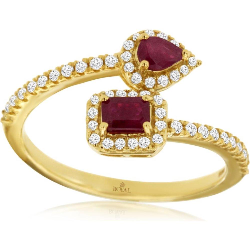 Royal 14K Yellow Gold Ring with Pear and Square Shaped Rubies and Diamond Accents - 0.70 Carat Total Ruby Weight