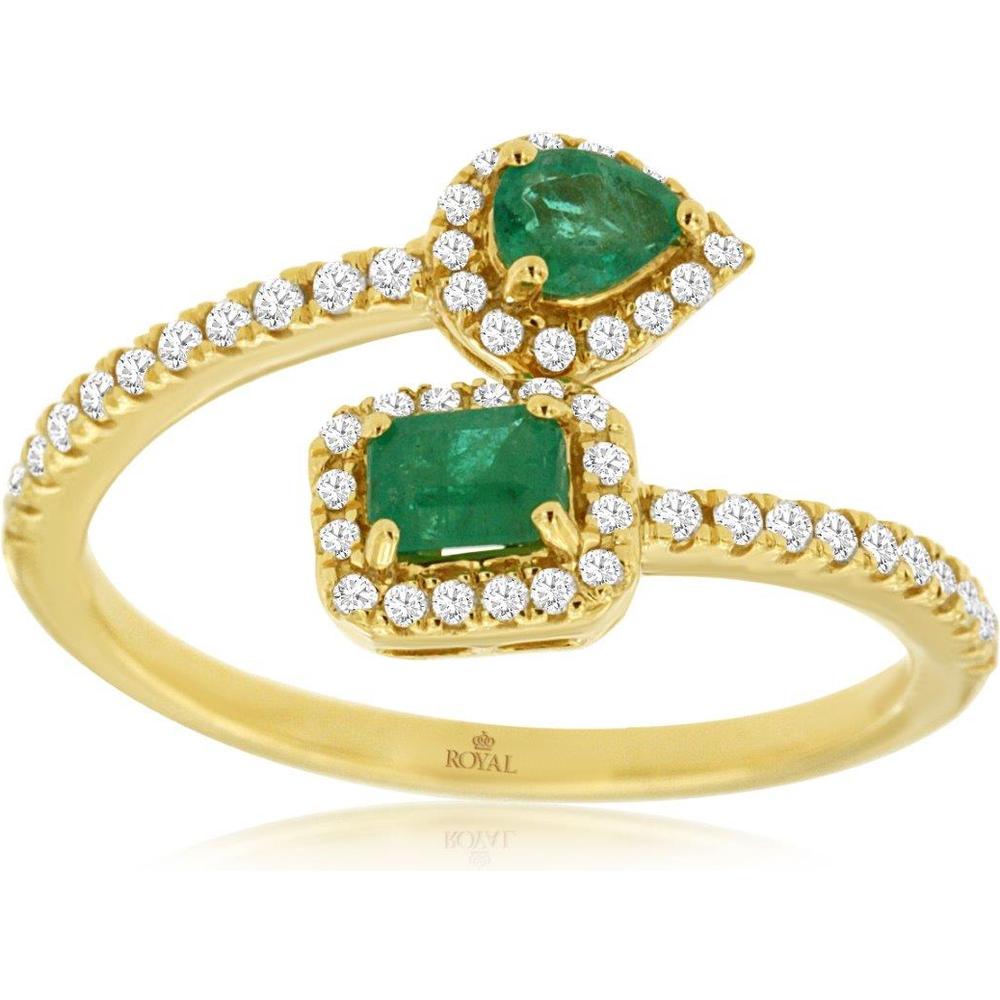 Royal 14K Yellow Gold Ring with Pear-Shaped and Square Cut Emeralds and Diamond Halo - 0.65 Carat Total Emerald Weight, 14K Yellow Gold Setting