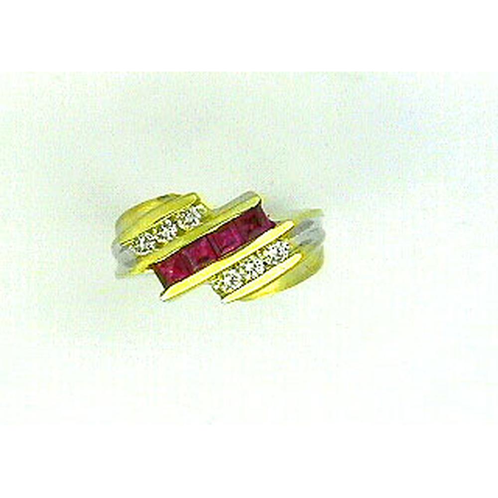 Royal 14K Yellow Gold Ring with Princess Cut Rubies and Round Diamonds - 0.97 Carat Total Gem Weight