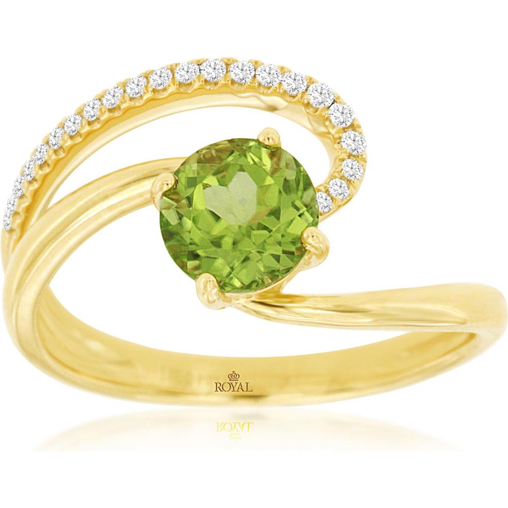 Royal 14K Yellow Gold Ring with Round Peridot - 0.90 Carat and Diamond Accents - 0.10 Carat Total Diamond Weight