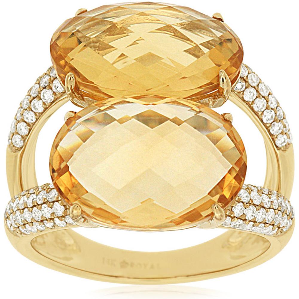 Royal 14K Yellow Gold Ring with Two Oval Citrines (9.20ct) and Pavé Diamonds (0.54 Carat Total Weight)