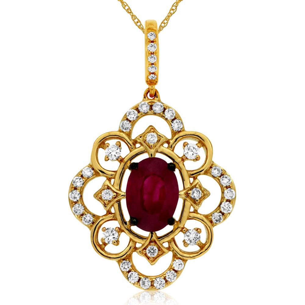 Royal 14K Yellow Gold Ruby & Diamond Cluster Pendant - 1.14 Carat Total Gem Weight