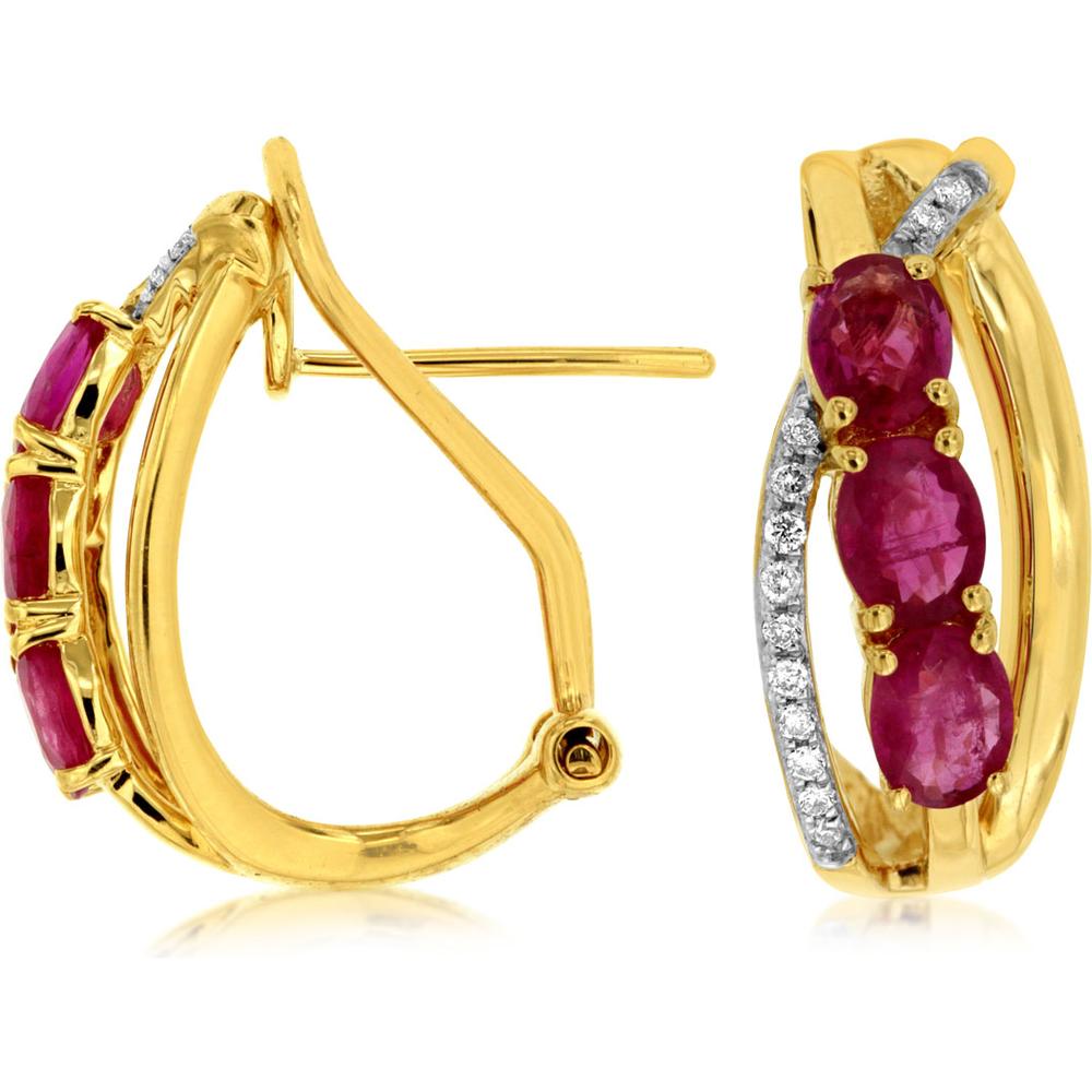 Royal 14K Yellow Gold Ruby & Diamond Drop Earrings - 1.05 Carats Total Ruby Weight, 0.08 Carats Total Diamond Weight