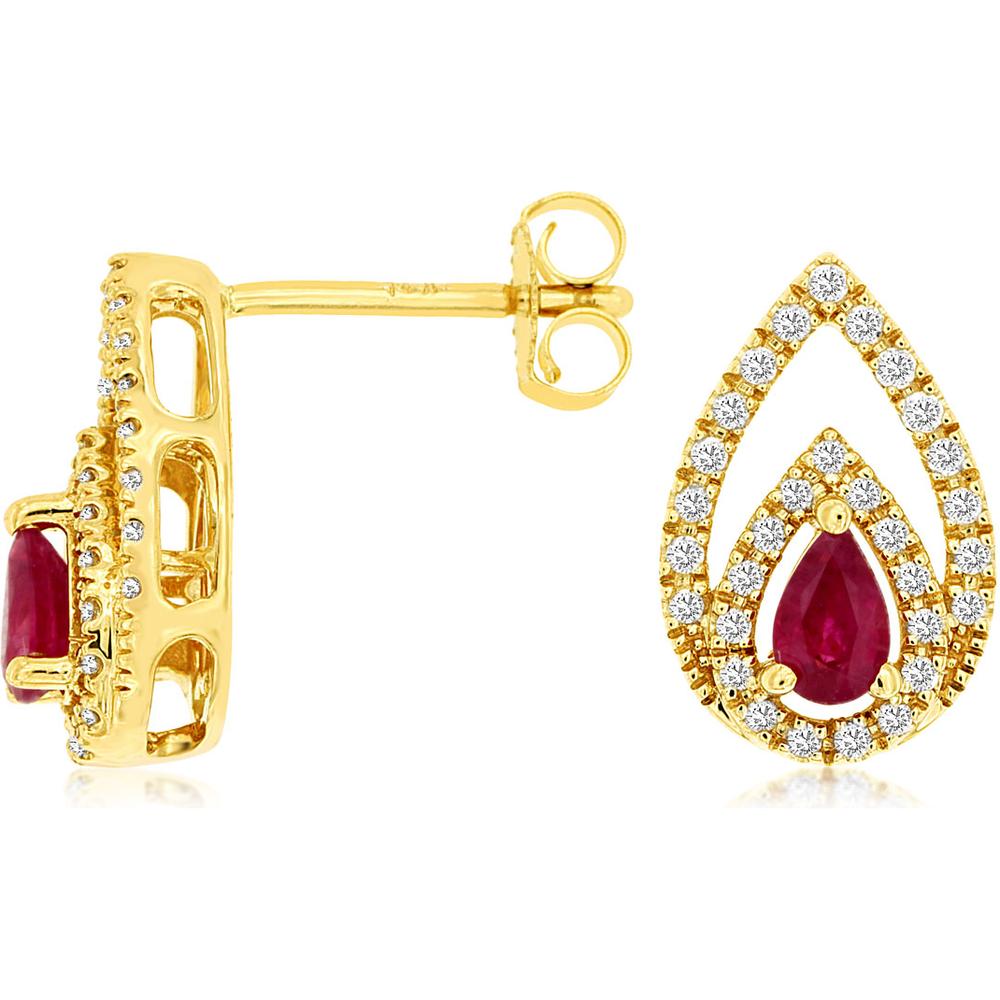 Royal 14K Yellow Gold Ruby & Diamond Drop Earrings with Pear-Shaped Rubies and Halo Diamond Accent - 0.44 Carats Total Ruby Weight, 0.25 Carats Total Diamond Weight