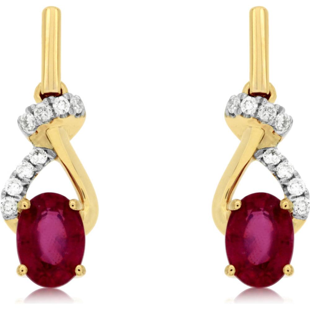 Royal 14K Yellow Gold Ruby & Diamond Earrings - 1.10 Carat Ruby, 0.10 Carat Diamond Total Weight