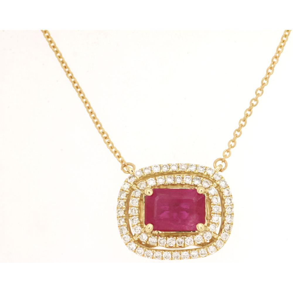 Royal 14K Yellow Gold Ruby and Diamond Halo Pendant Necklace - 1.43 Carats Total Gem Weight