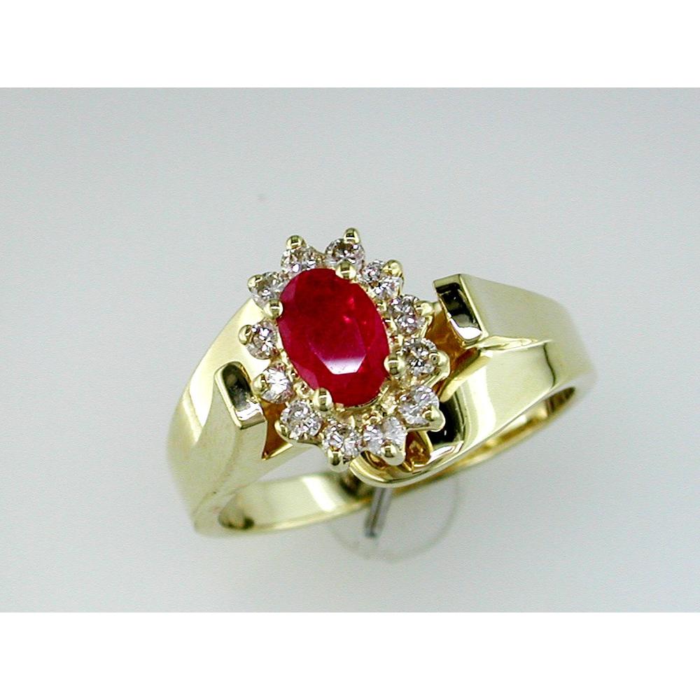 Royal 14K Yellow Gold Ruby and Diamond Halo Ring - 0.55 Carat Ruby, 0.26 Carat Diamonds