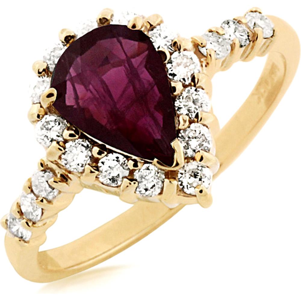 Royal 14K Yellow Gold Ruby & Diamond Halo Ring - 1.12 Carat Ruby & 0.45 Carat Total Diamond Weight
