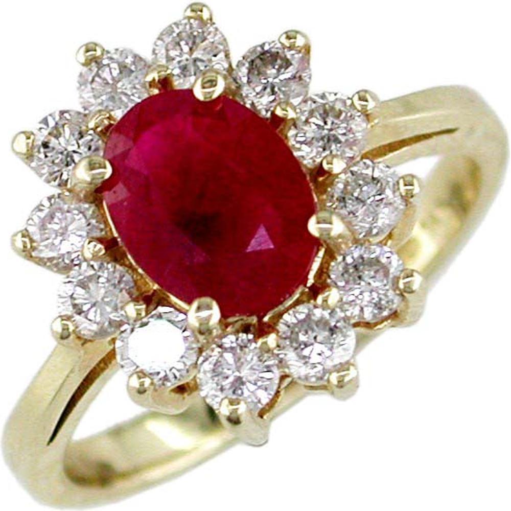 Royal 14K Yellow Gold Ruby & Diamond Halo Ring with Oval Ruby (1.35ct) and Round Diamonds (0.75ct)