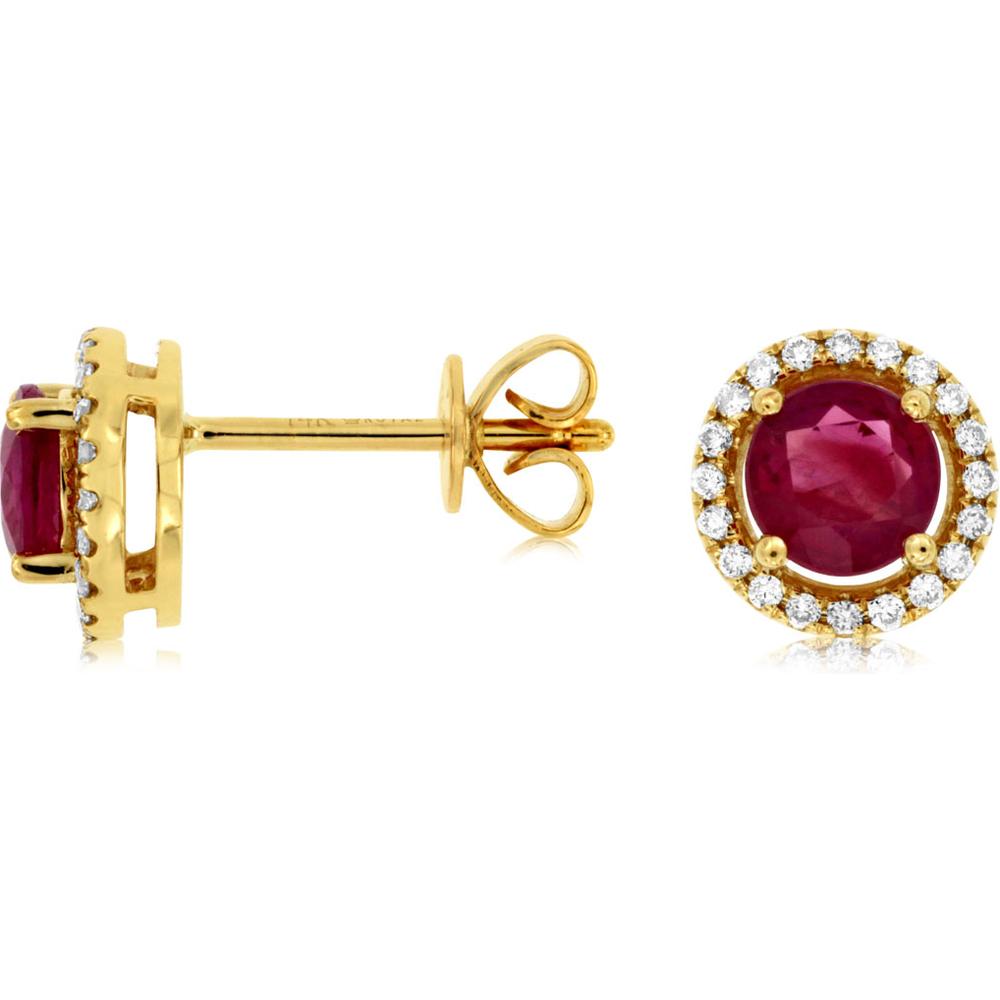 Royal 14K Yellow Gold Ruby & Diamond Halo Stud Earrings - 1.09 Carat Total Gem Weight