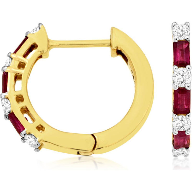 Royal 14K Yellow Gold Ruby and Diamond Huggie Hoop Earrings - 0.33 Carat Ruby, 0.20 Carat Diamond Total Weight
