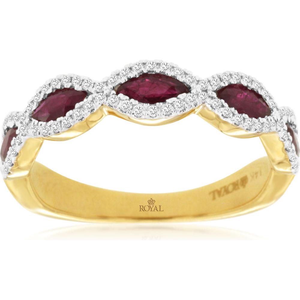 Royal 14K Yellow Gold Ruby & Diamond Marquise Ring with Halo - 1.02 Carats Total Gemstone Weight