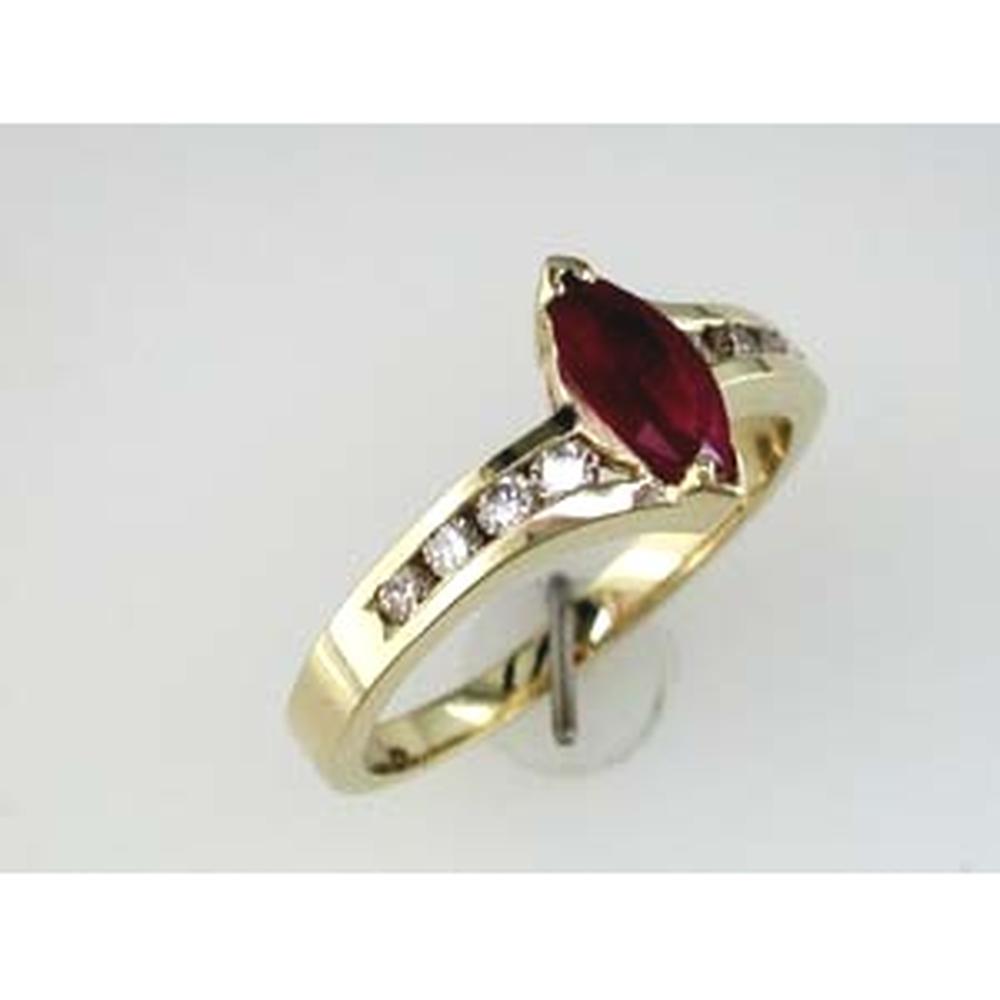 Royal 14K Yellow Gold Ruby and Diamond Marquise Ring with Round Diamond Accents - 0.69 Carats Total Gem Weight