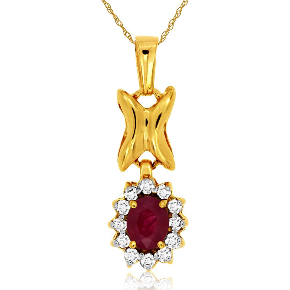 Royal 14K Yellow Gold Ruby & Diamond Pendant - 0.40 Carat Ruby, 0.16 Carat Total Diamond Weight
