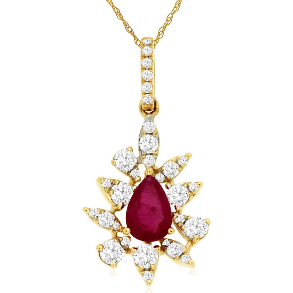 Royal 14K Yellow Gold Ruby & Diamond Pendant with Pear-Shaped Ruby - 0.45 Carats Ruby, 0.35 Carats Total Diamond Weight