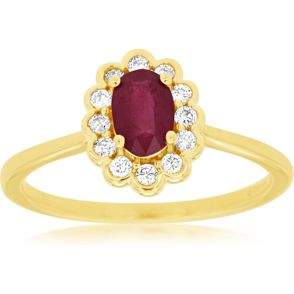 Royal 14K Yellow Gold Ruby & Diamond Ring - 0.55 Carat Oval Ruby - 0.16 Carat Total Diamond Weight