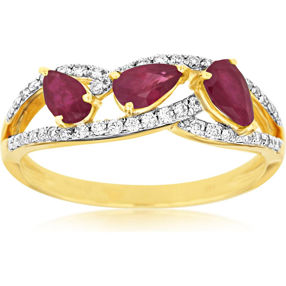 Royal 14K Yellow Gold Ruby & Diamond Ring with 3 Pear-Shaped Rubies and Round Diamonds - 0.99 Carat Total Weight