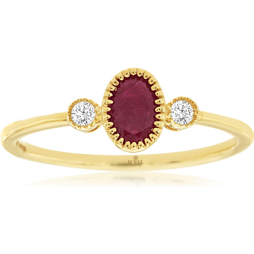 Royal 14K Yellow Gold Ruby & Diamond Ring with Oval Ruby - 0.55 Carats Ruby, 0.12 Carats Total Diamond Weight