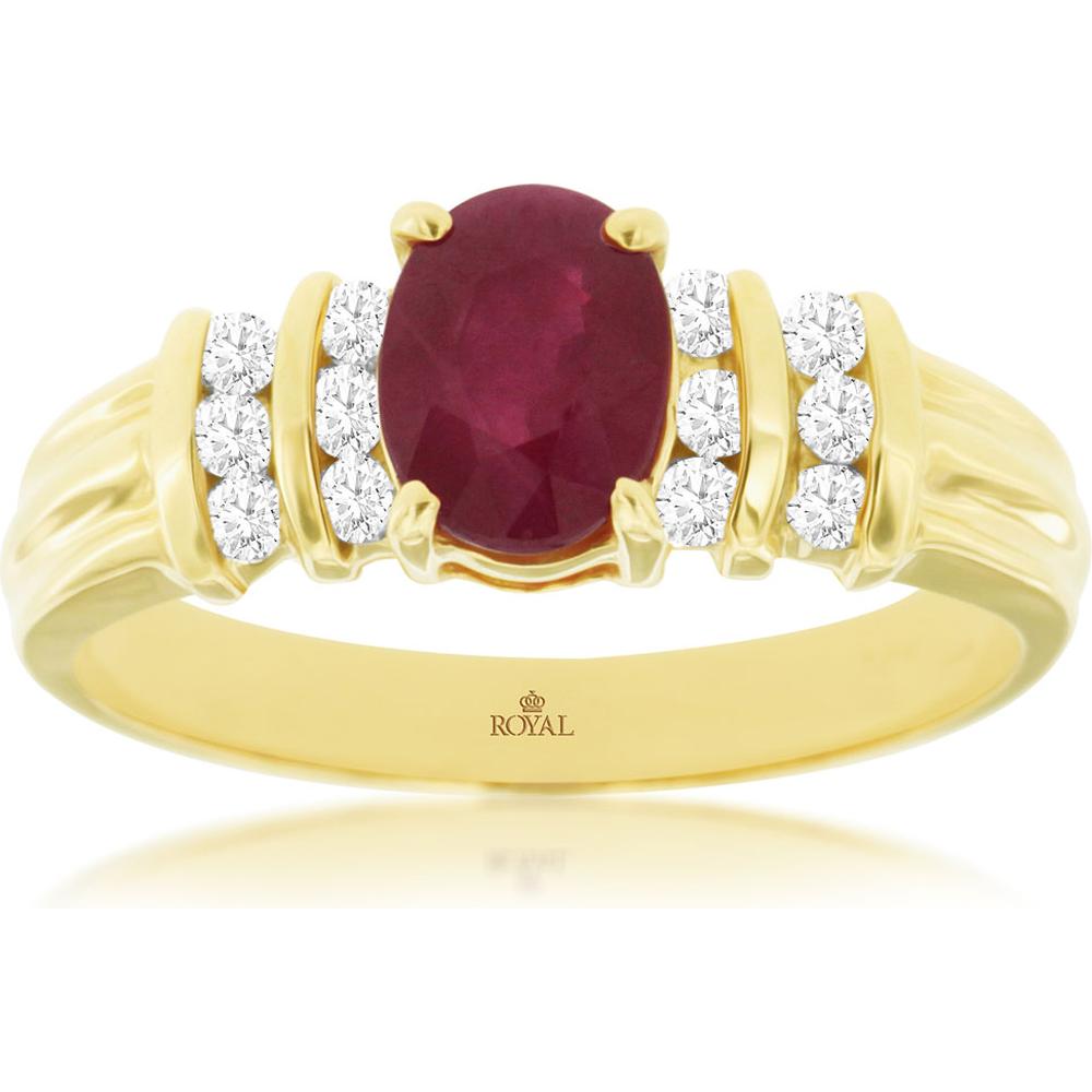 Royal 14K Yellow Gold Ruby & Diamond Ring with Oval Ruby - 0.85 Carats Ruby, 0.23 Carats Total Diamond Weight