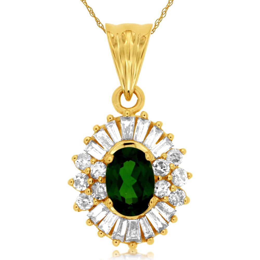 Royal 14K Yellow Gold Russalite & Diamond Pendant with Oval Green Russalite and Baguette Diamond Accents - 1.60 Carats Total Gem Weight