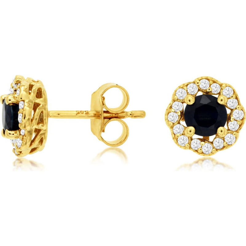 Royal 14K Yellow Gold Sapphire & Diamond Halo Earrings - 1.10 Carat Total Gem Weight