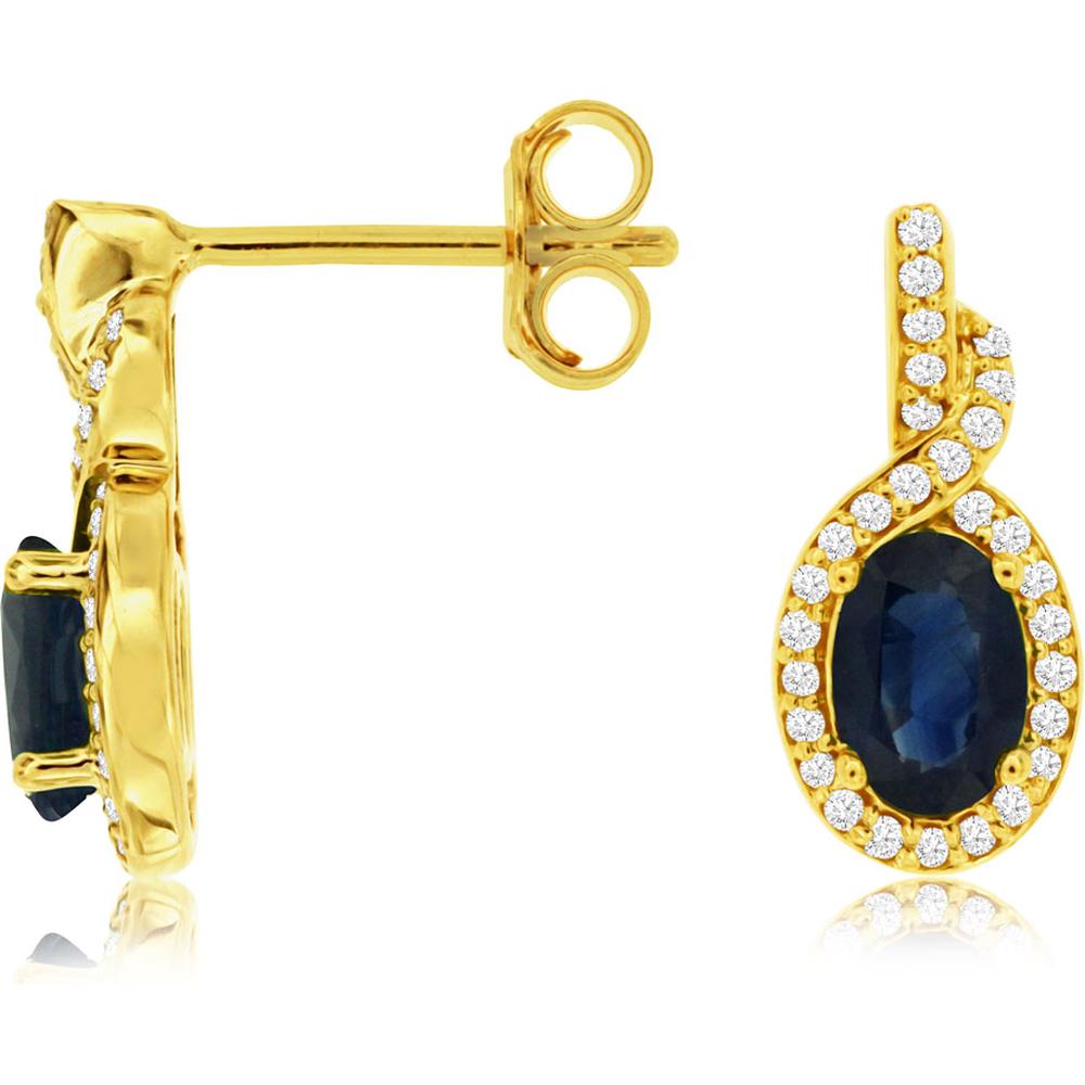 Royal 14K Yellow Gold Sapphire and Diamond Halo Earrings - 1.30 Carat Sapphire, 0.17 Carat Diamond Total Weight