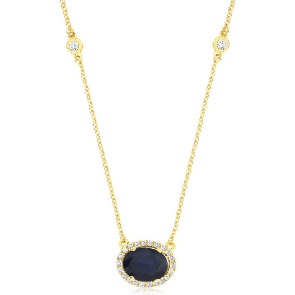 Royal 14K Yellow Gold Sapphire and Diamond Halo Necklace - 1.47 Carat Sapphire and 0.27 Carat Diamond Weight