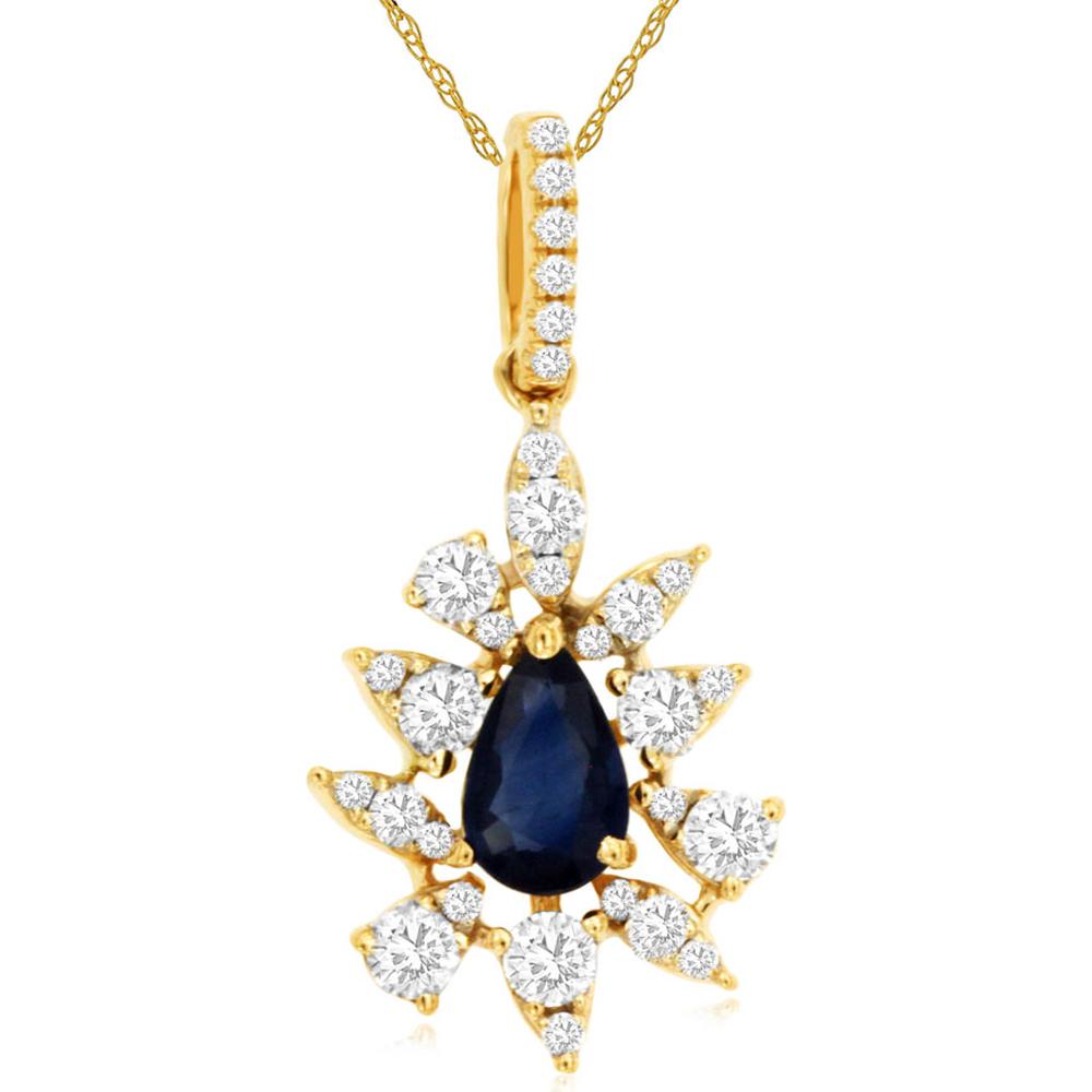 Royal 14K Yellow Gold Sapphire & Diamond Halo Pendant - 0.53 Carat Sapphire, 0.35 Carat Diamonds