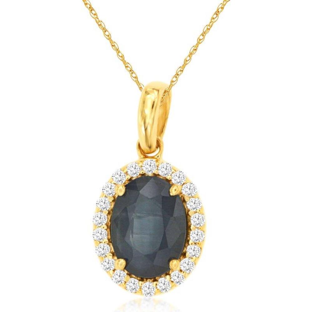 Royal 14K Yellow Gold Sapphire and Diamond Halo Pendant Necklace - 1.45 Carat Sapphire and 0.14 Carat Diamond