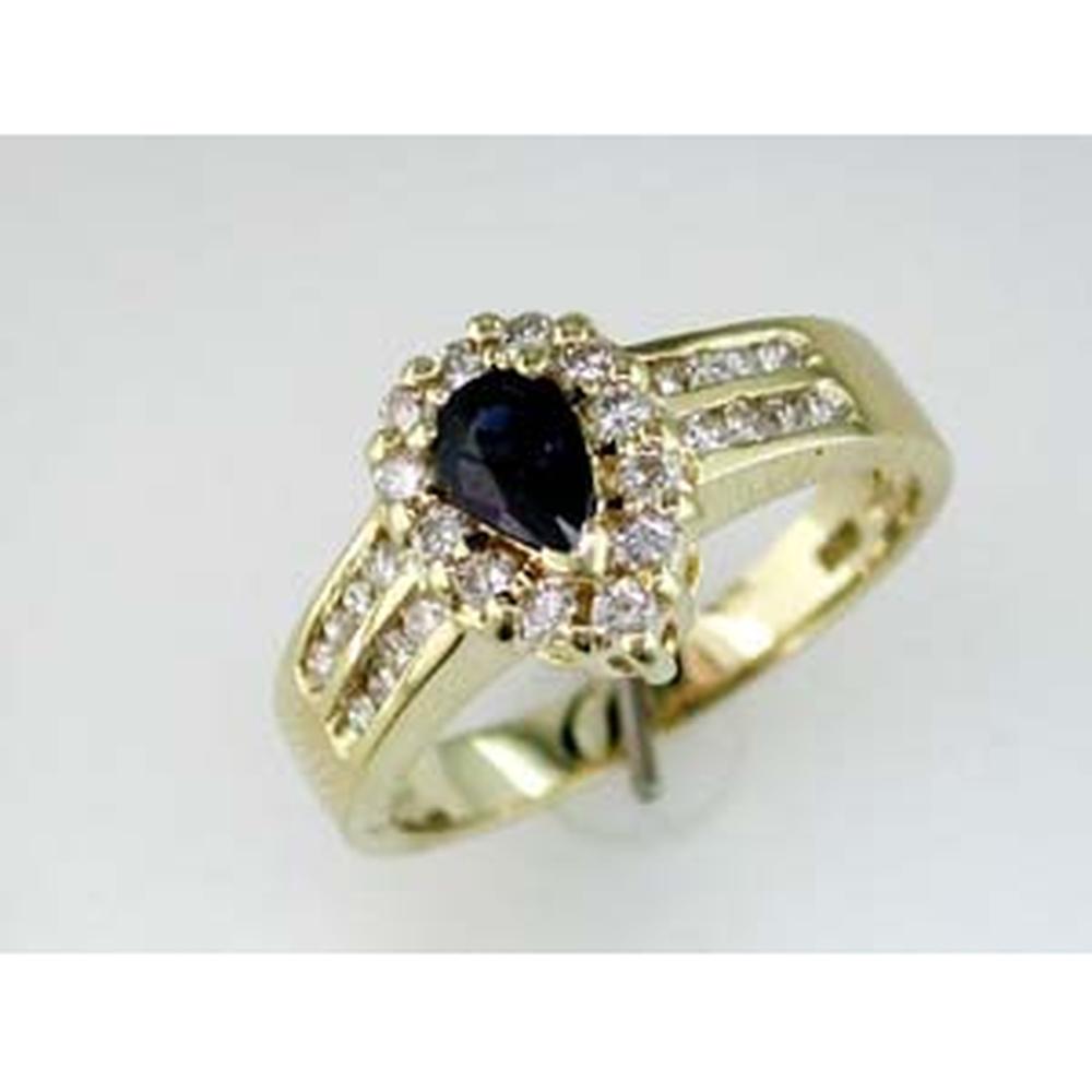 Royal 14K Yellow Gold Sapphire & Diamond Ring - Pear Shape 0.55 Carat Sapphire, Round Diamonds
