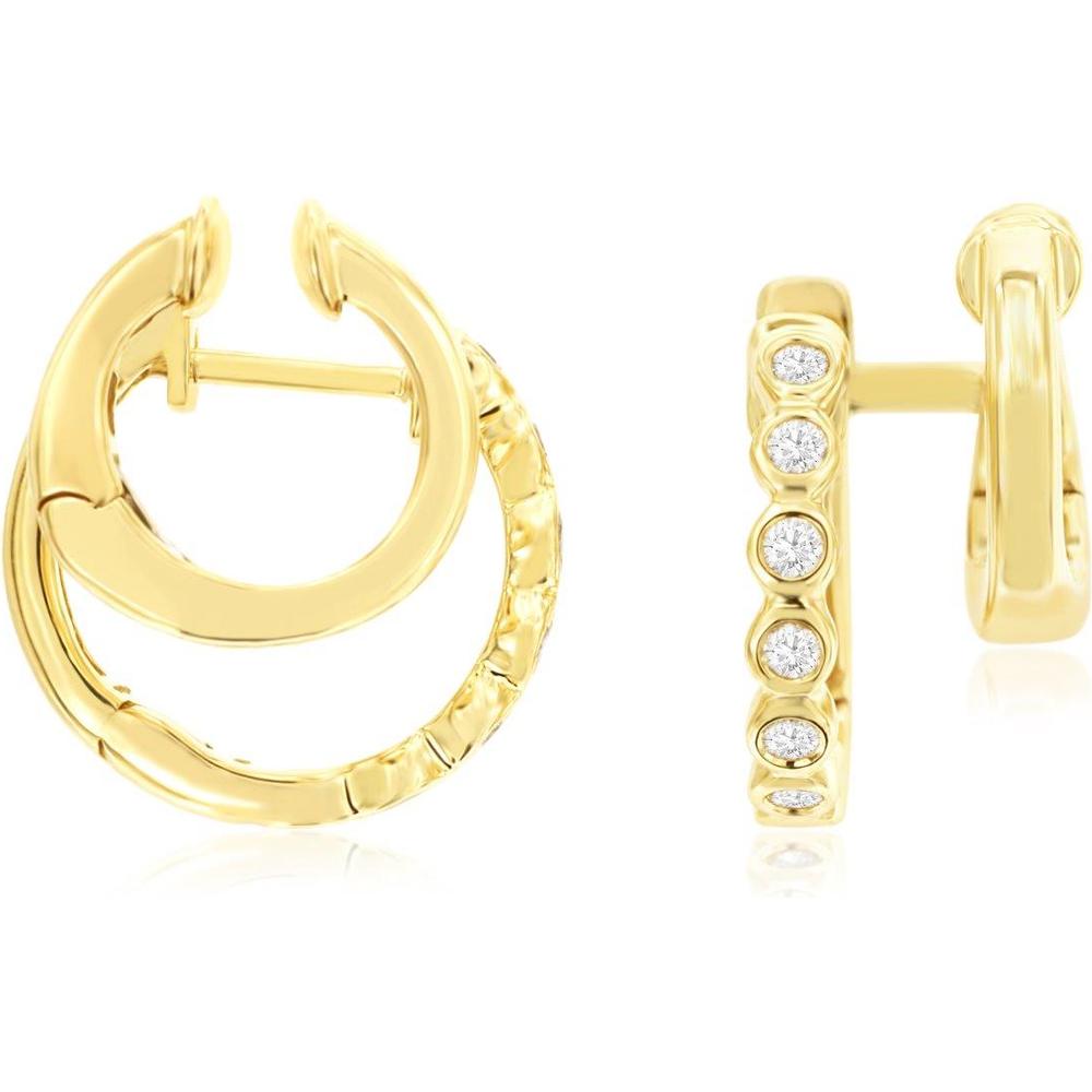 Royal 14K Yellow Gold Small Hoop Earrings with Bezel Set Round Diamonds - 0.20 Carat Total Diamond Weight