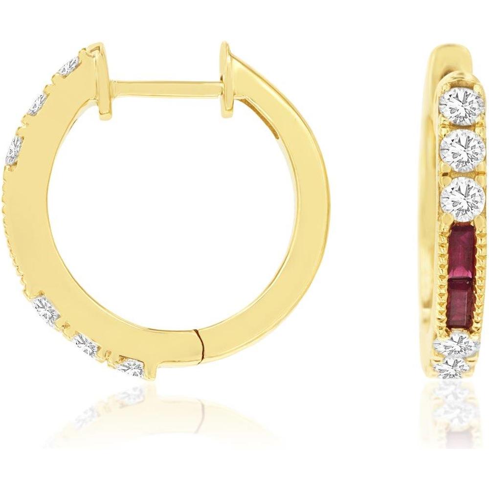 Royal 14K Yellow Gold Small Hoop Earrings with Round Diamonds and Rubies - 0.66 Carat Total Diamond Weight and 0.28 Carat Total Ruby Weight