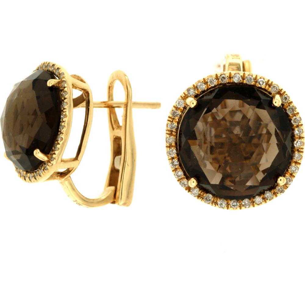 Royal 14K Yellow Gold Smoky Quartz and Diamond Halo Earrings - 10.00 Carat Total Smoky Quartz Weight, 0.18 Carat Total Diamond Weight
