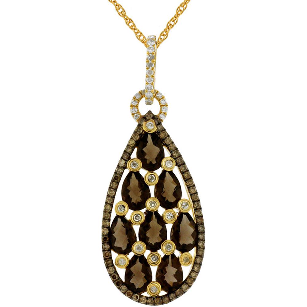 Royal 14K Yellow Gold Smoky Quartz and Mocha Diamond Pendant - 2.80 Carat Main Stone