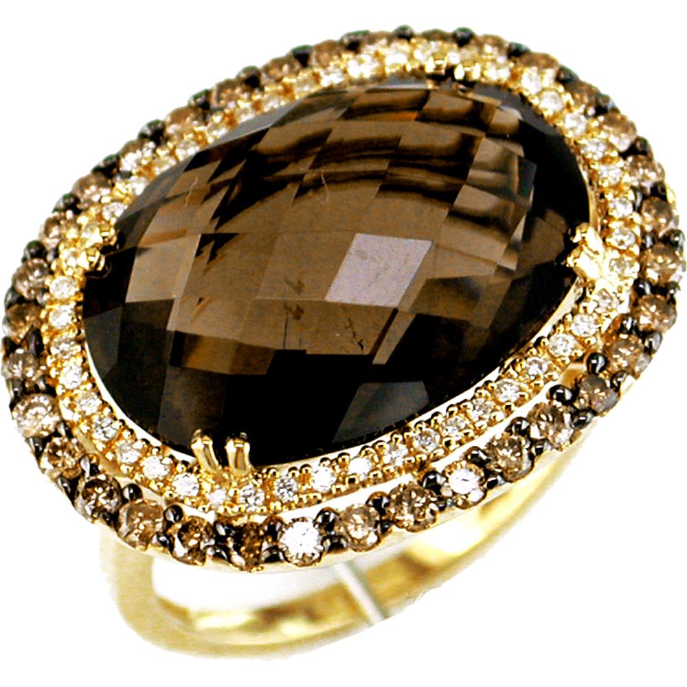 Royal 14K Yellow Gold Smoky Quartz & Round Diamond Ring - 11.00 Carats Total Gem Weight