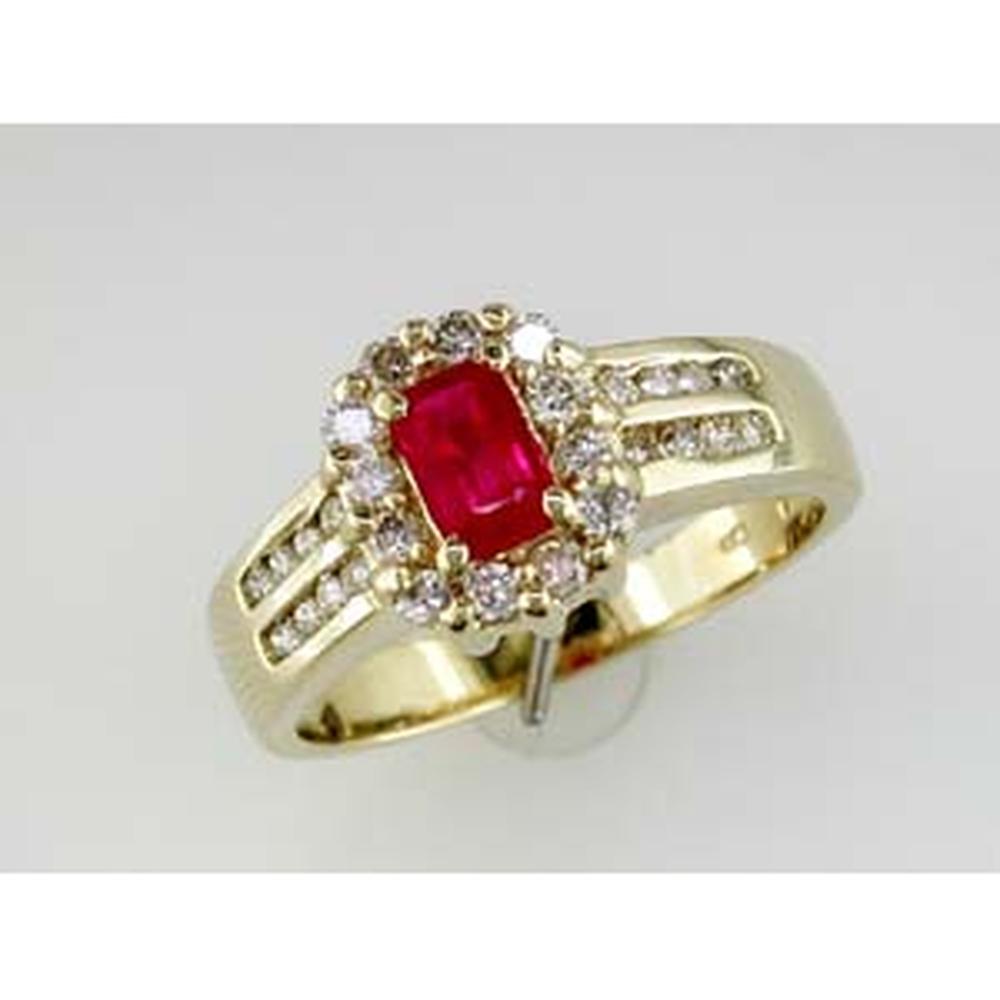 Royal 14K Yellow Gold Split Shank Ring with Emerald-Cut Ruby and Round Diamond Halo - 0.70 Carat Ruby and 0.55 Carat Total Diamond Weight